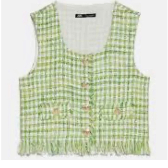 ZARA Green /White Cotton Tweed Vest Crop Top with Gold Tone Buttons Sz M NWT - Picture 2 of 11